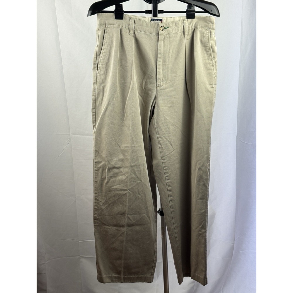 Tommy Hilfiger Chino Pants Mens 34x34 Khaki Pleated Front Classic Fit Cotton